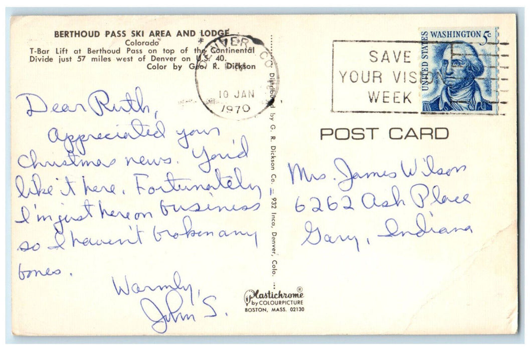 1970 T-Bar Lift at Berthoud Pass Ski Area and Lodge, Denver CO Postcard