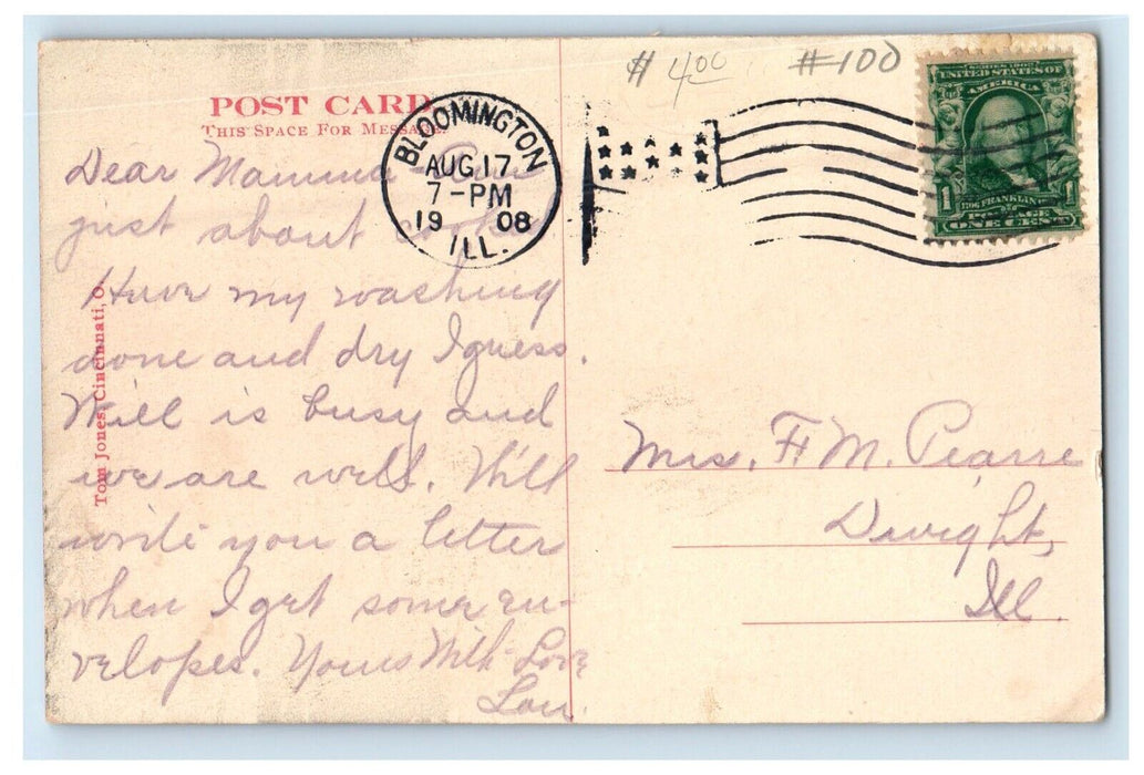 1908 High School Building Bloomington Illinois IL Posted Antique Postcard