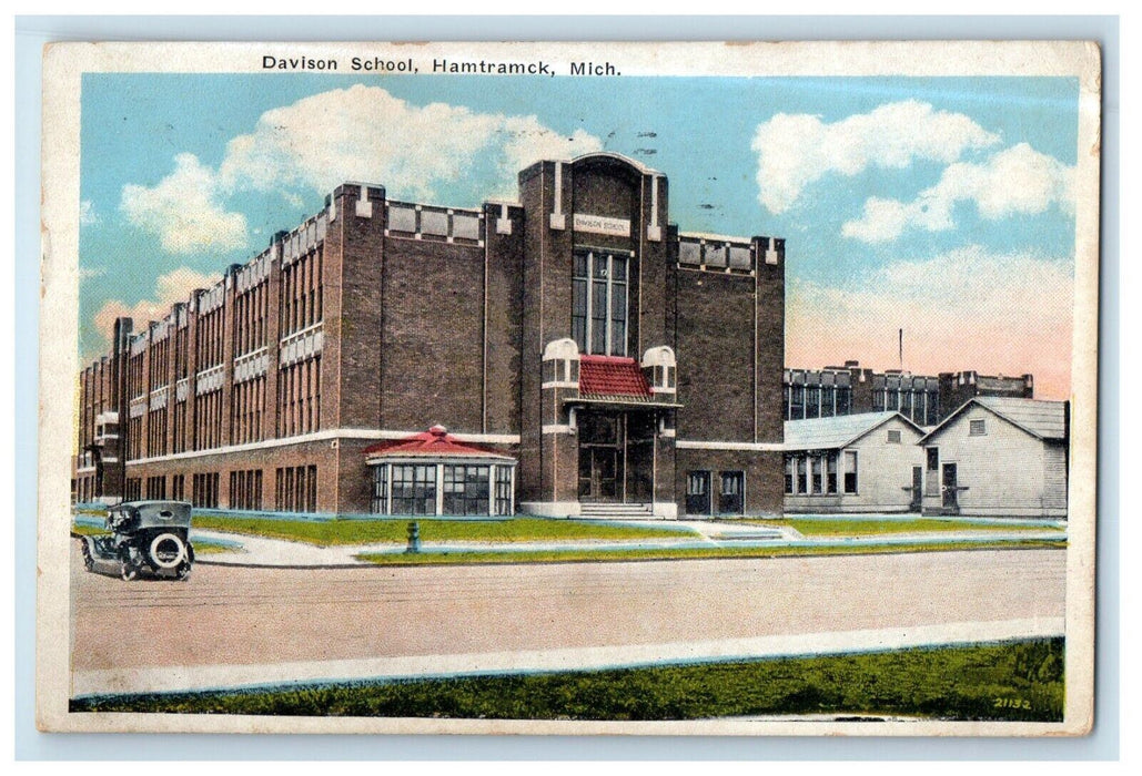 1932 Davison School Building Car Hamtramck Michigan MI Posted Vintage Postcard