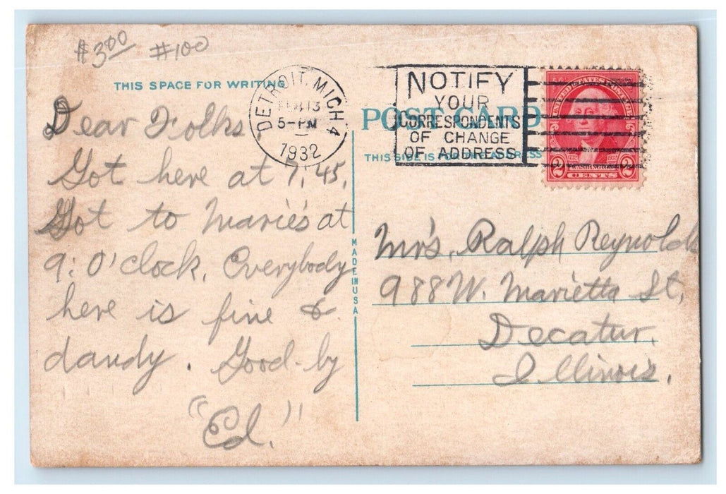 1932 Davison School Building Car Hamtramck Michigan MI Posted Vintage Postcard