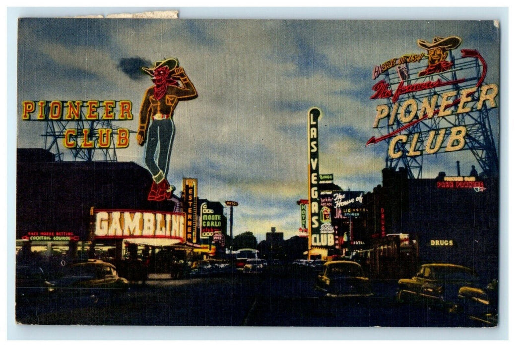 1956 Mechanical Neon Sign Pioneer Club Howdy Podner Las Vegas Nevada Postcard