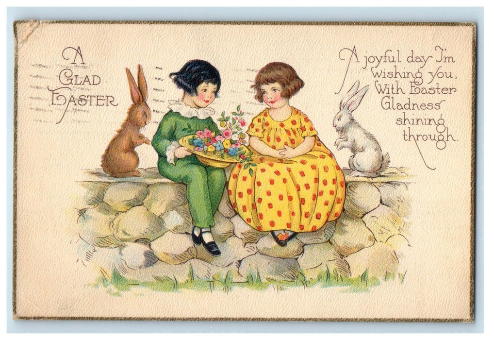 1926 Easter Two Girls Flowers In Hat Rabbits Posted Vintage Postcard