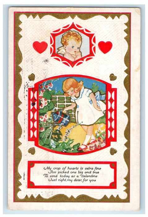 1925 Valentine Girl Watering Plants Cherub Hearts Embossed Denver CO Postcard