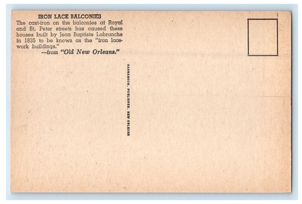 1939 Iron Lace Balconies Old New Orleans Louisiana LA Harmanson Postcard
