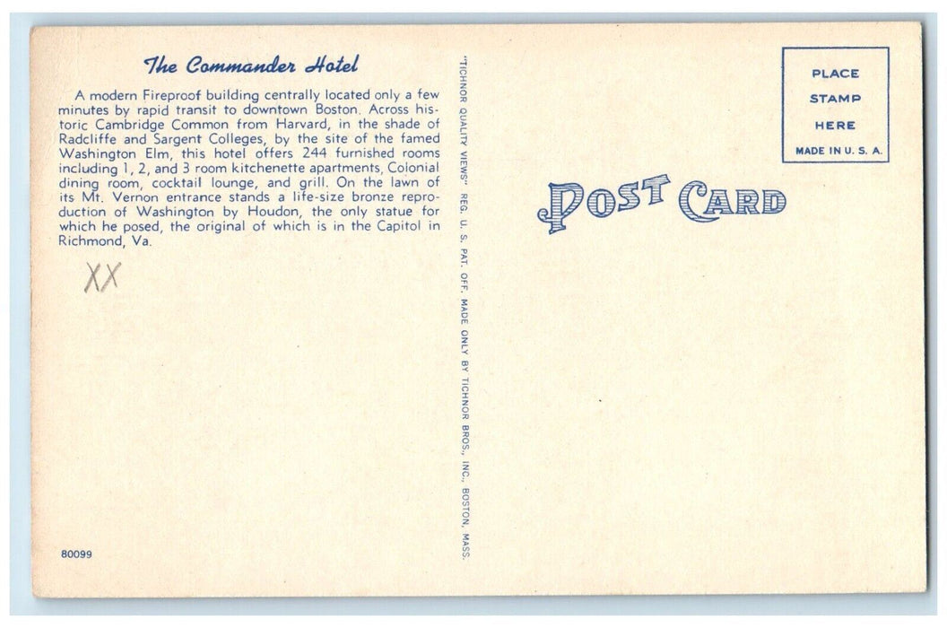 The Commander Hotel Building Cambridge Massachusetts MA Vintage Postcard
