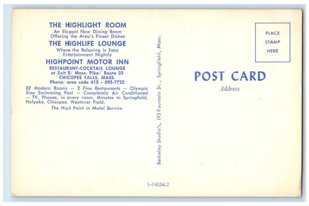 Highlight Room Highlife Lounge Restaurant Dining Room Chicopee Falls MA Postcard