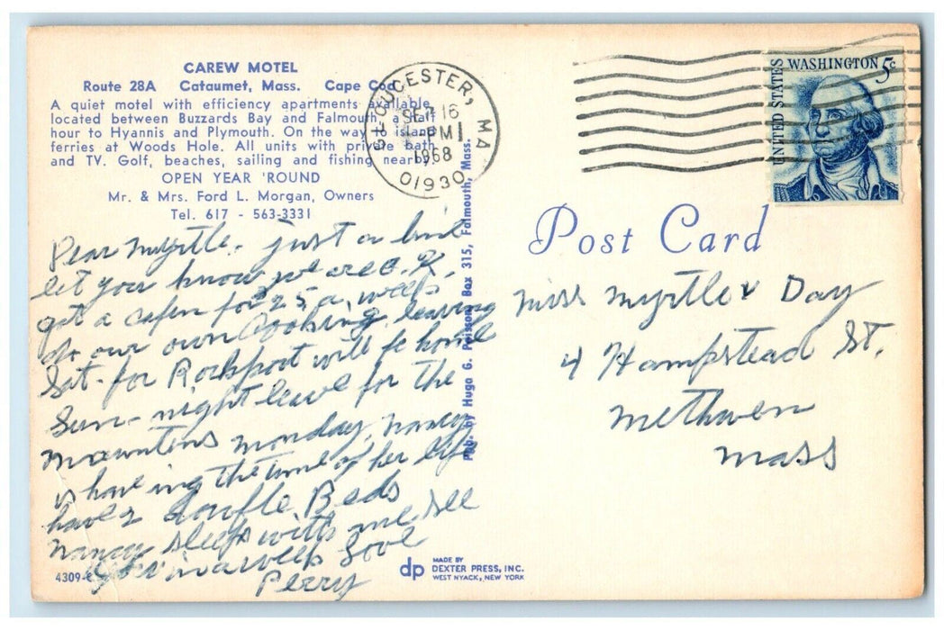 1968 Carew Motel Roadside Car Cataumet Massachusetts MA, Cape Cod Postcard