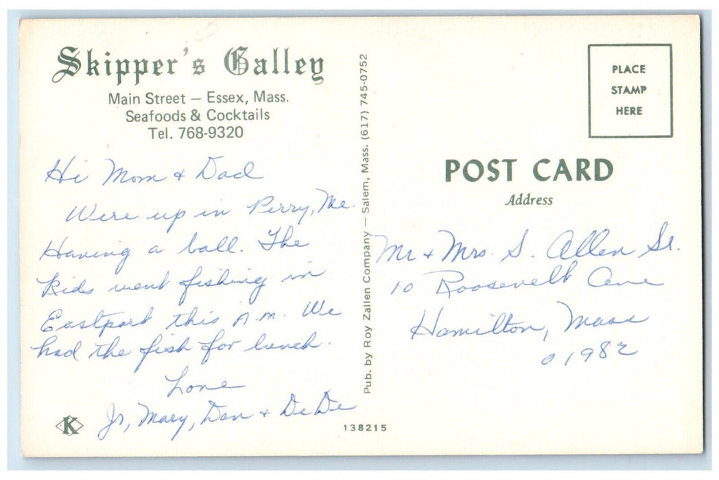Skippers Gallery Dining Room Main Street Essex Massachusetts MA Vintage Postcard