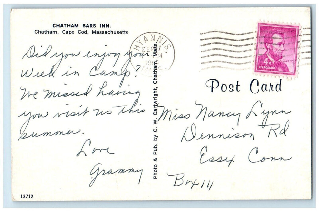 1964 Chatham Bars Inn Chatham Cape Cod Massachusetts MA Posted Vintage Postcard