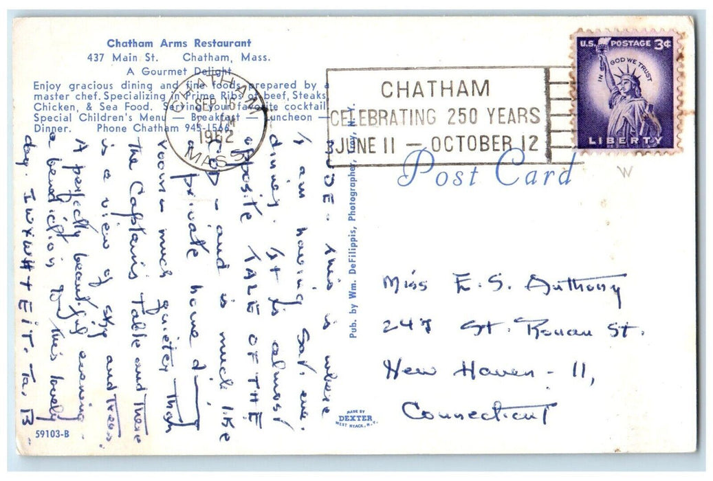 1962 Chatham Arms Restaurant Dining Room Chatham Massachusetts MA Postcard