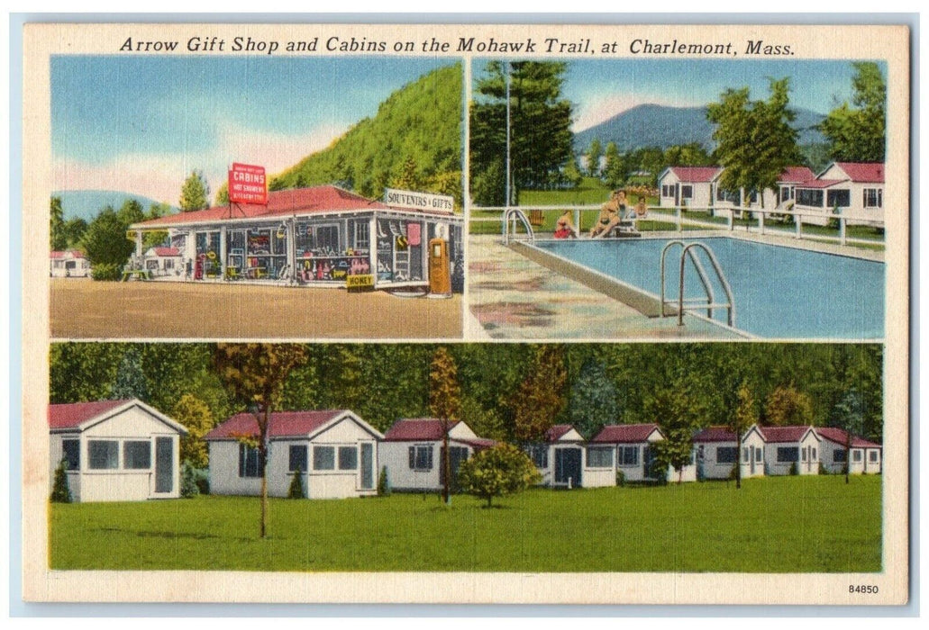 1953 Arrow Gift Shop Cabins Pool Mohawk Trail Charlemont MA, Multiview Postcard