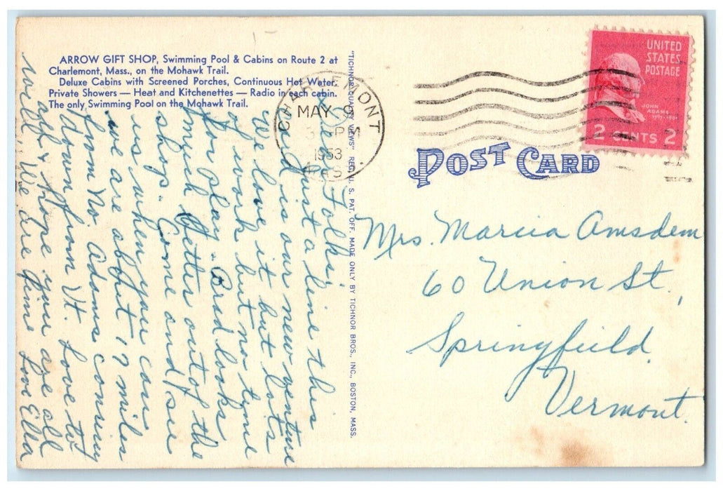 1953 Arrow Gift Shop Cabins Pool Mohawk Trail Charlemont MA, Multiview Postcard
