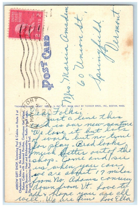 1953 Arrow Gift Shop Cabins Pool Mohawk Trail Charlemont MA, Multiview Postcard