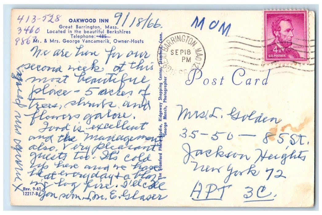 1966 Oakwood Inn Great Barrington Massachusetts MA Posted Vintage Postcard