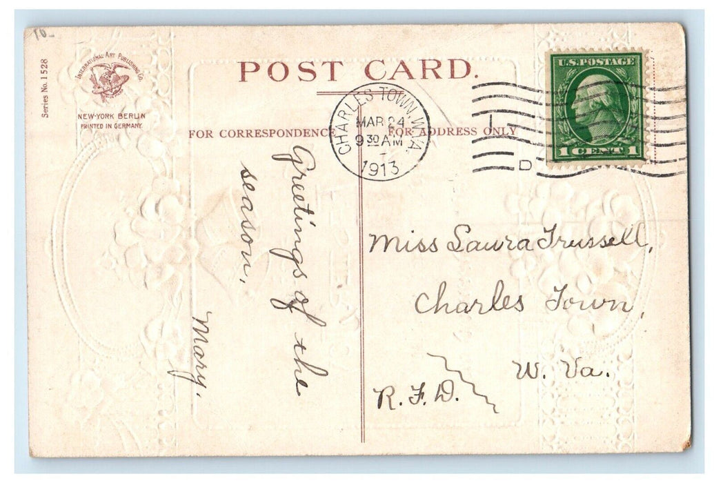 1913 Easter Joy Clapsaddle (?) Bells Flowers Embossed Charlestown WV Postcard
