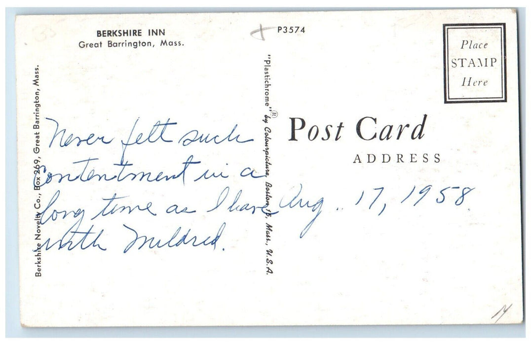 1958 Berkshire Inn Cars Street View Great Barrington Massachusetts MA Postcard