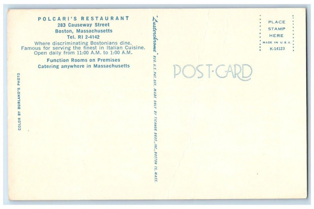 Polcari's Restaurant Dining Room Boston Massachusetts MA, Multiview Postcard