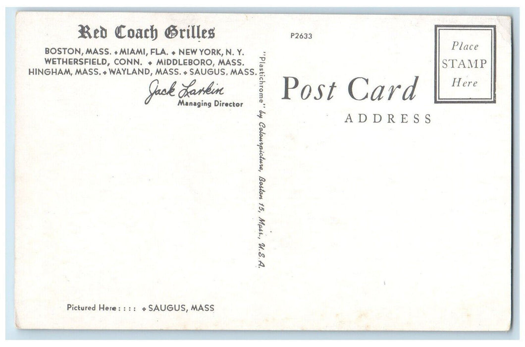 Red Coach Grilles Cocktail Bar Saugus Massachusetts MA Unposted Vintage Postcard
