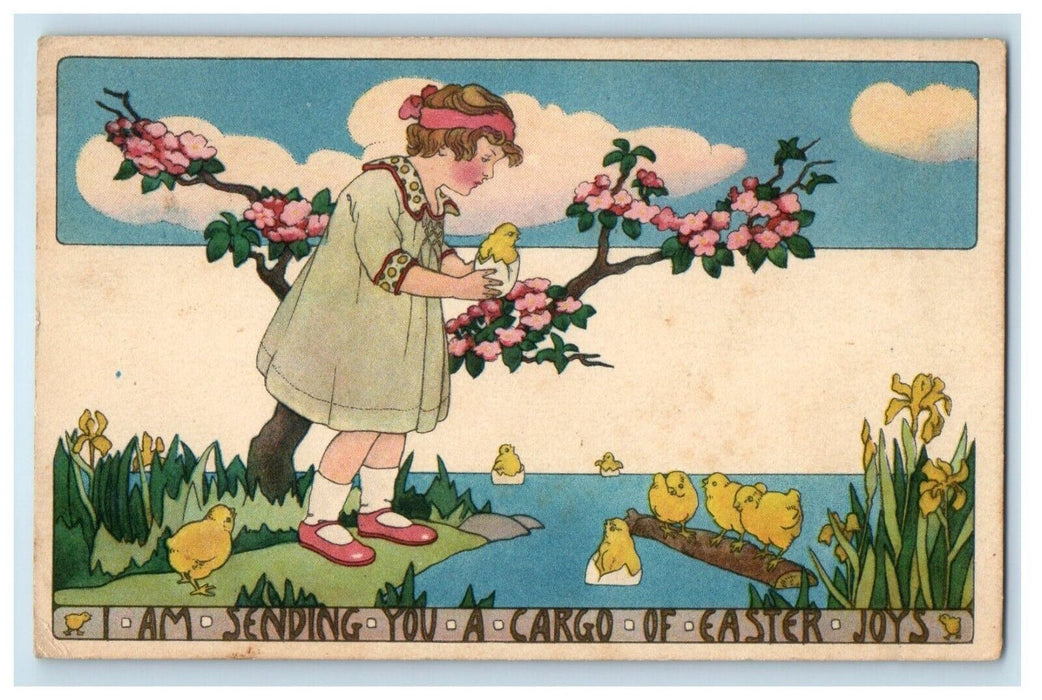 c1920's Easter Joy Girl Chicks Hatched Eggs Pond Flowers Vintage Postcard