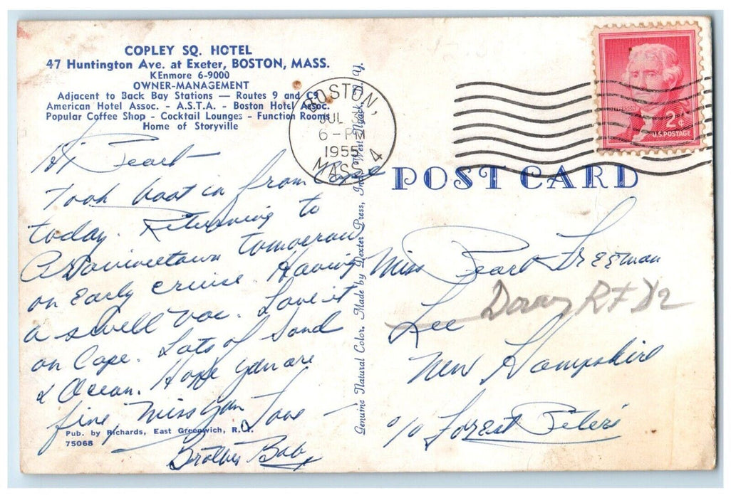 1955 Copley SQ Hotel Building Cars Boston Massachusetts MA Vintage Postcard