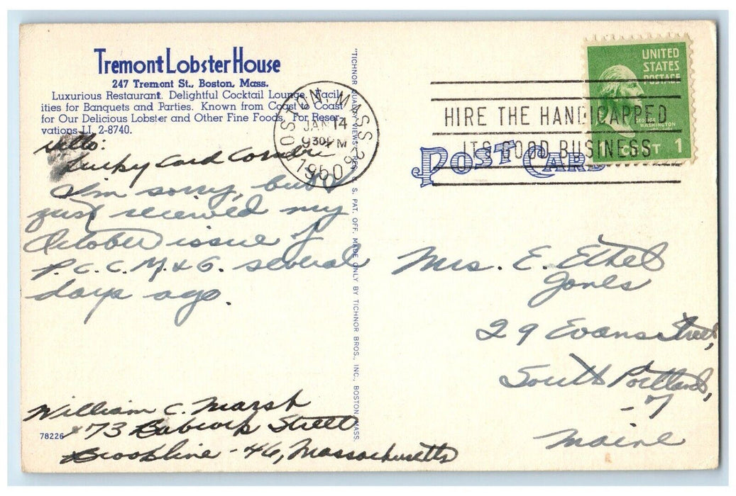 1960 Tremont Lobster House Dining Room Boston Massachusetts MA Vintage Postcard