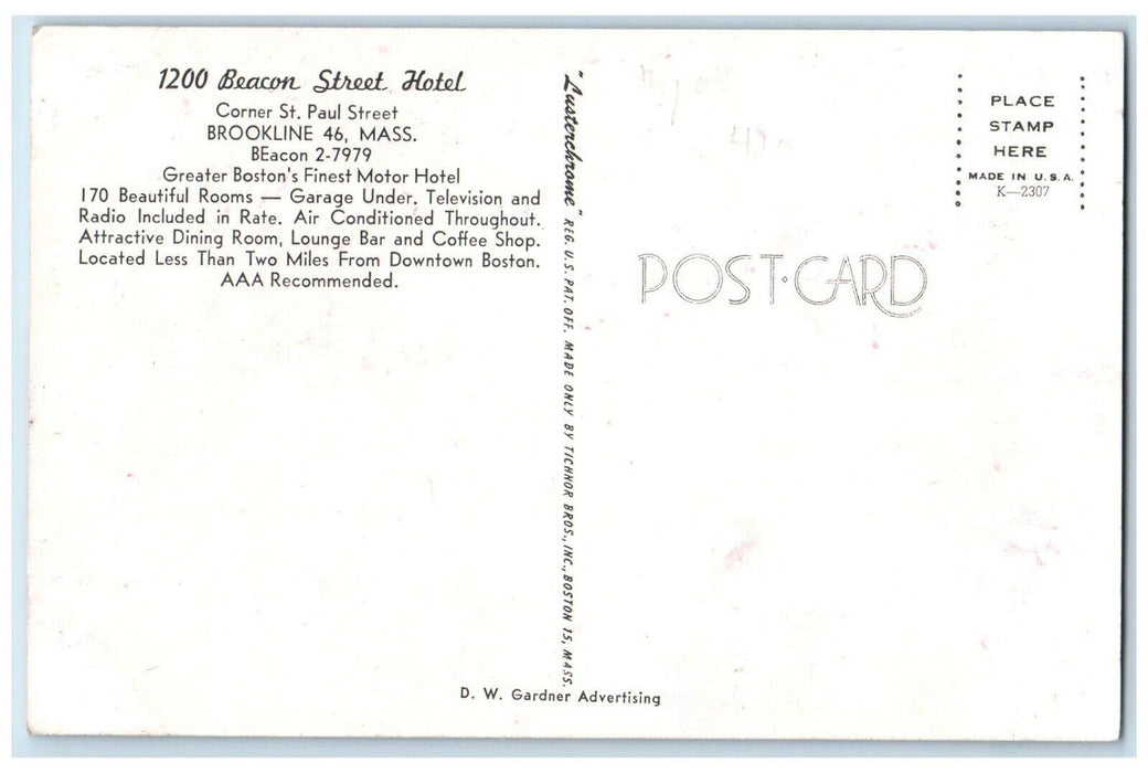 c1950's 1200 Beacon Street Hotel Roadside Brookline Massachusetts MA Postcard