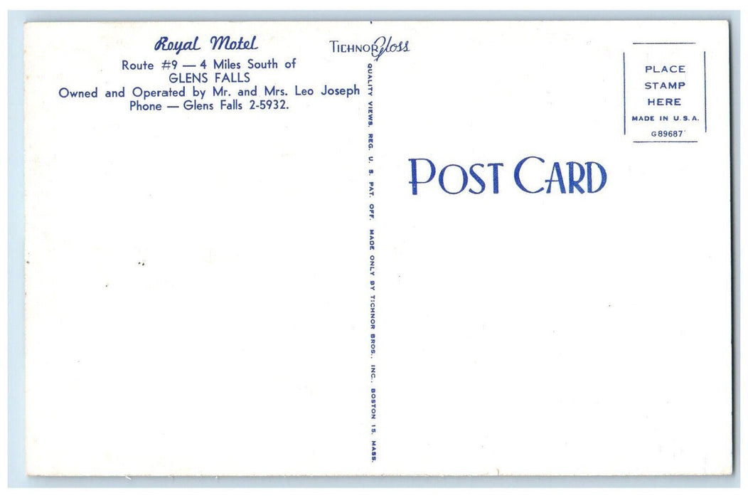 Royal Motel Glens Falls Roadside Car Greenfield Massachusetts MA Postcard