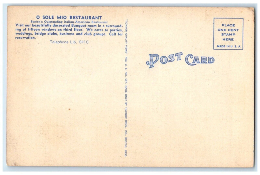 O Sole Mio Restaurant Dining Room Tremont St. Boston Massachusetts MA Postcard