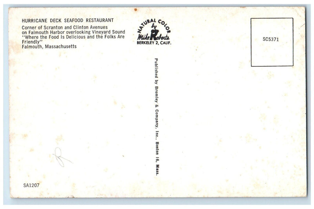 Hurricane Deck Seafood Restaurant Car Vineyard Sound View Falmouth MA Postcard