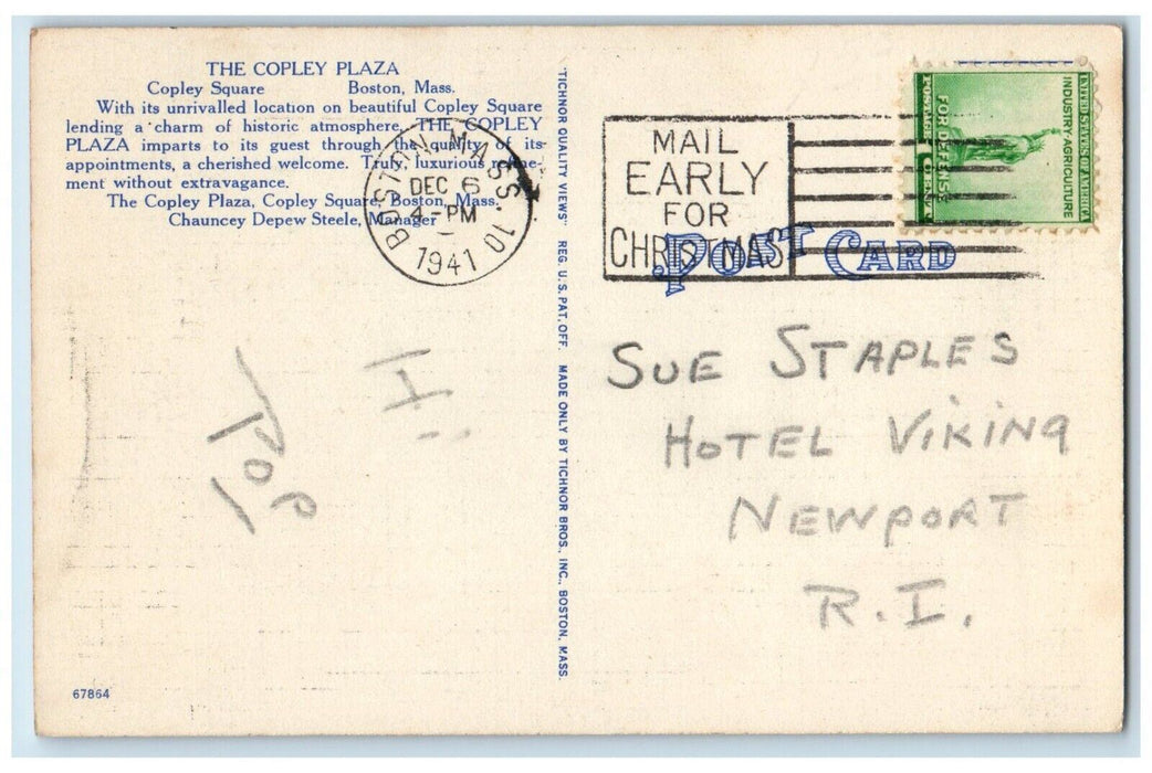 1941 The Copley Plaza Merry Go Round Boston Massachusetts MA Vintage Postcard