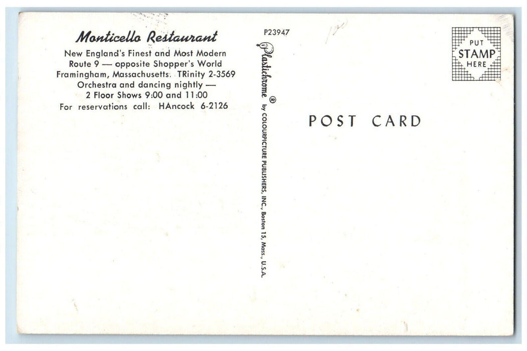 c1950's Monticello Restaurant Dining Room Framingham Massachusetts MA Postcard