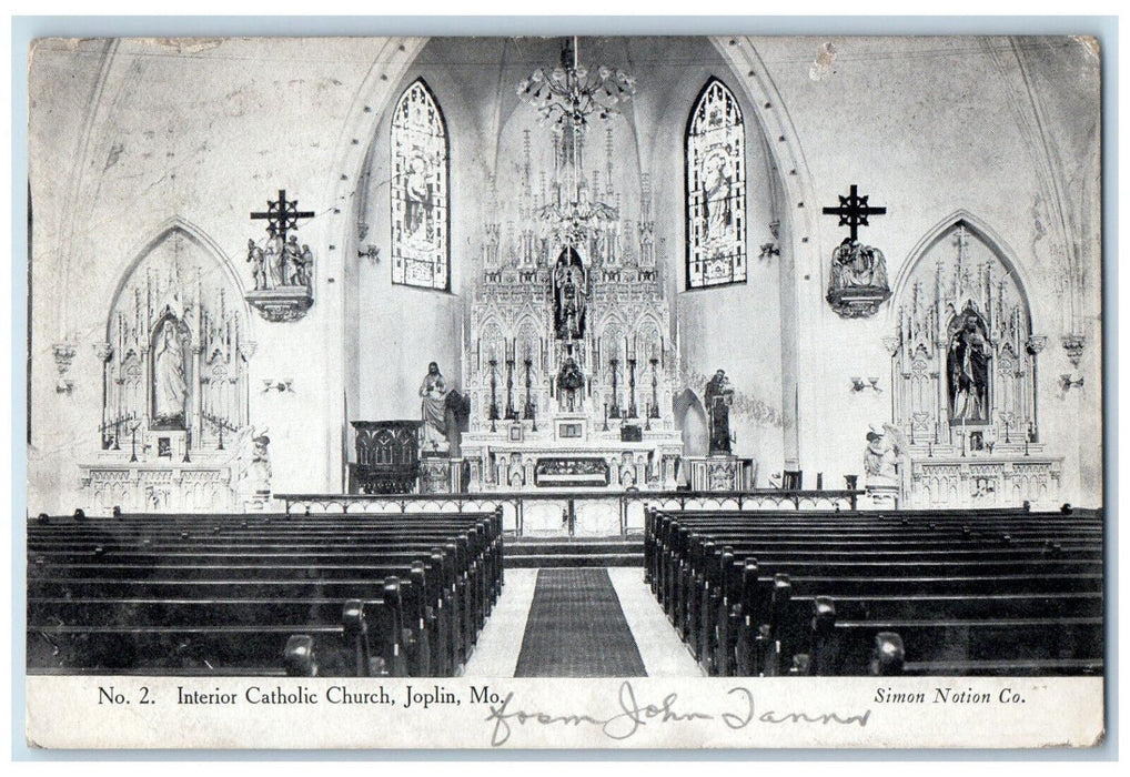 1910 No.2 Interior Catholic Church Joplin Missouri MO Simon Notion Co. Postcard