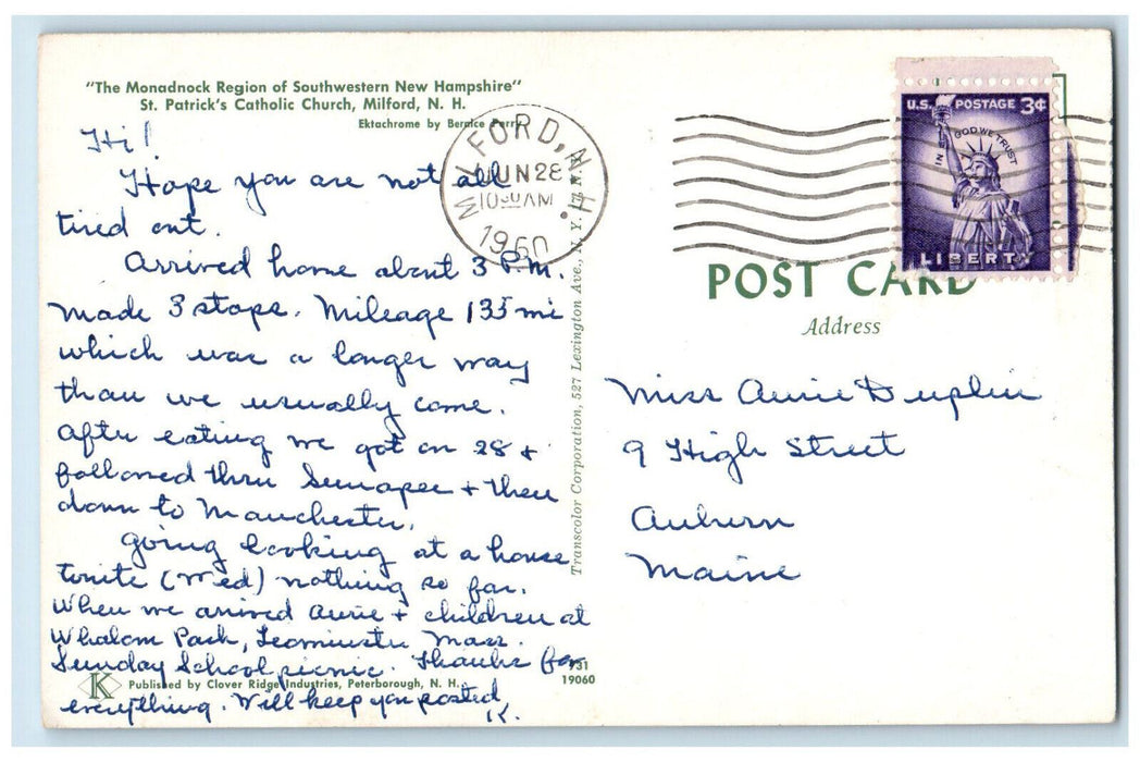 1960 The Monadnock Region, St. Patrick's Catholic Church Milford NH Postcard