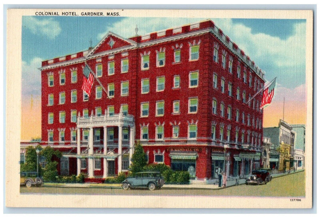c1930's Colonial Hotel Building Cars Flags Gardner Massachusetts MA Postcard