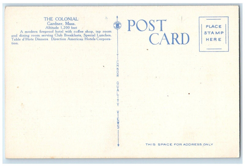 c1930's Colonial Hotel Building Cars Flags Gardner Massachusetts MA Postcard