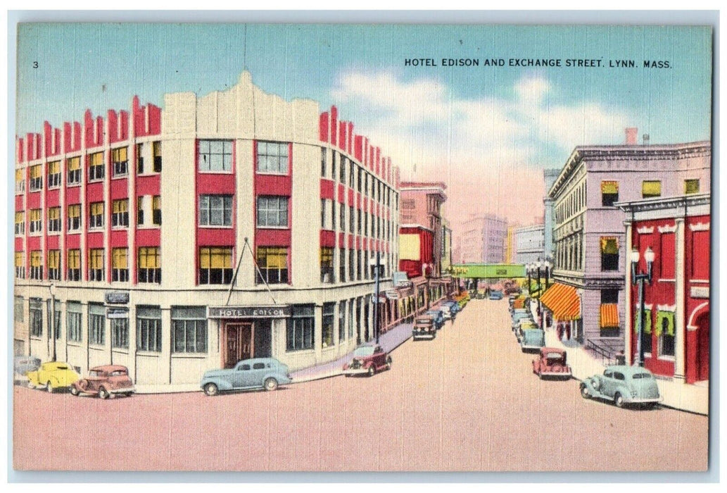 Hotel Edison And Exchange Street Cars Lynn Massachusetts MA Vintage Postcard