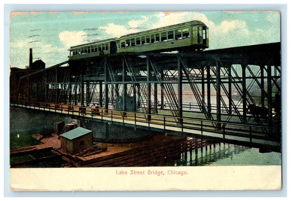 1908 Lake Street Bridge Railroad Train Chicago Illinois  IL Antique Postcard