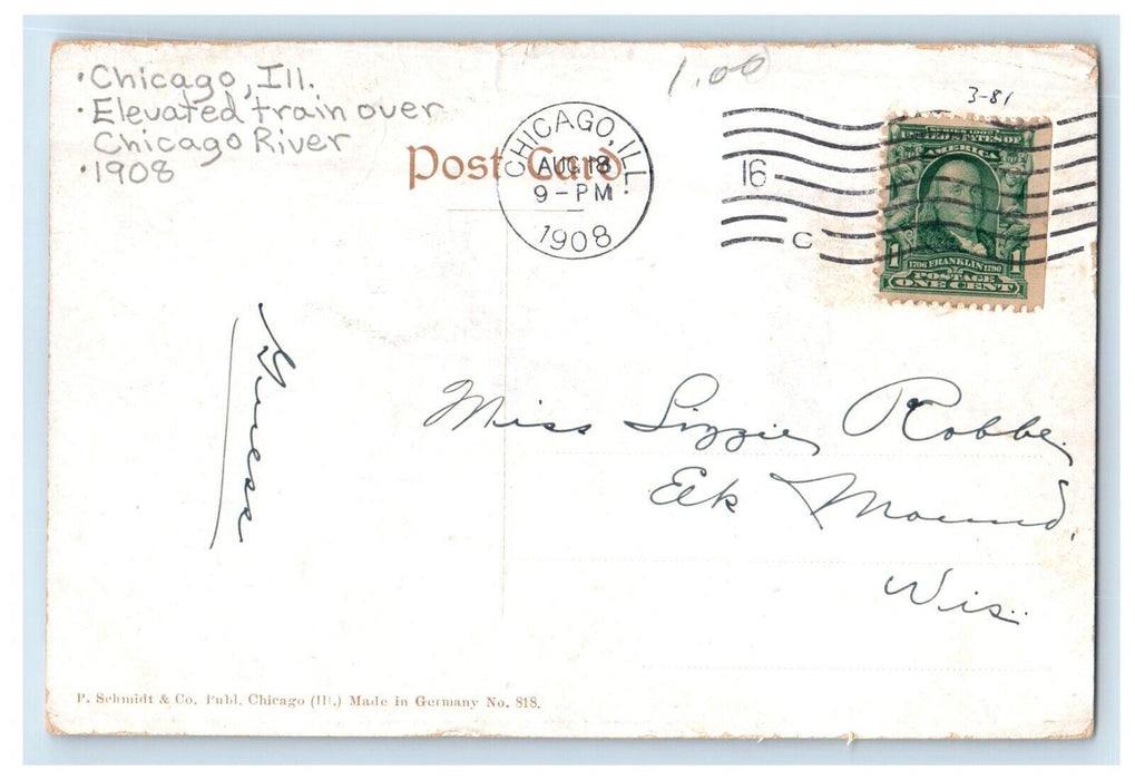 1908 Lake Street Bridge Railroad Train Chicago Illinois  IL Antique Postcard