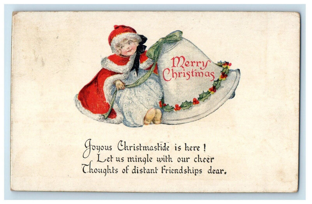 1917 Merry Christmas Greetings Little Girl Santa Giant Bell Antique Postcard