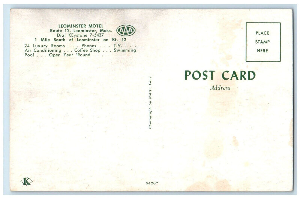 c1960's Leominster Motel Route 12 Leominster Massachusetts MA Vintage Postcard