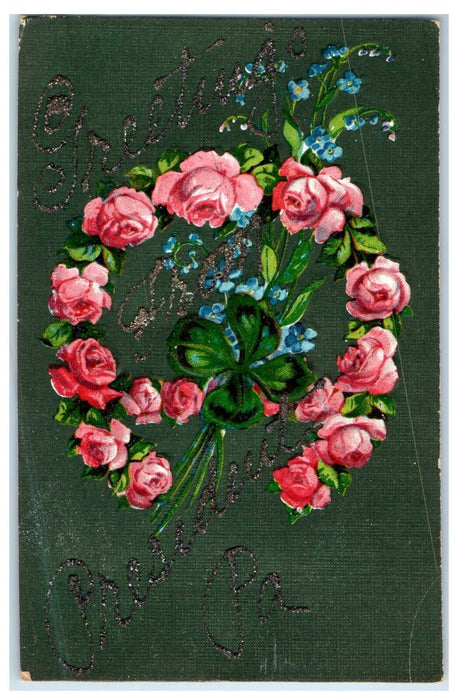 c1910's Greetings From President PA, Flowers Glitter Embossed Antique Postcard