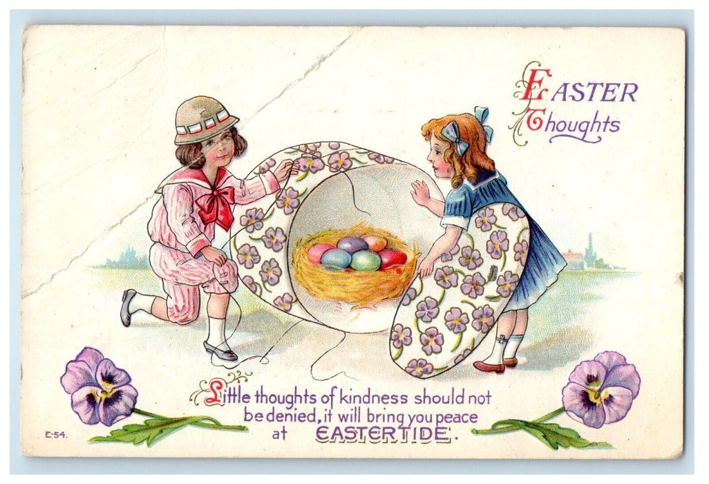 1916 Easter Girl Boy Eggs Nest Eastertide Flowers Embossed Antique Postcard