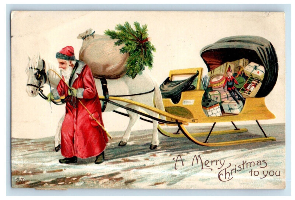 1910 Merry Christmas Horse Sleigh And Toys Snow Winter Embossed Antique Postcard