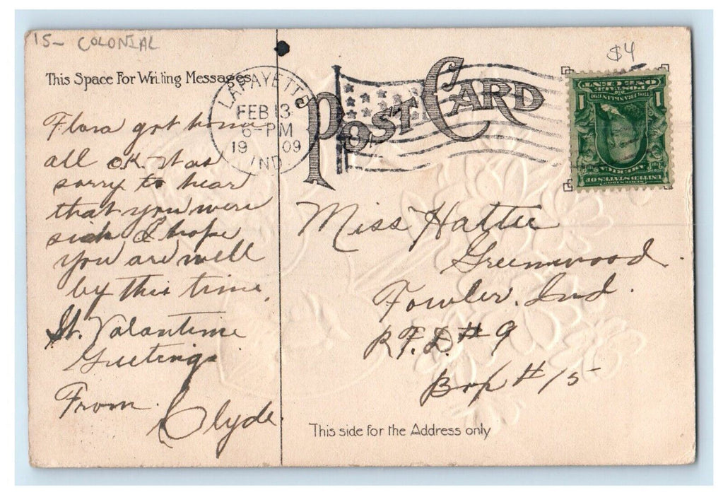 1909 Valentine Flowers With Flowers Colonial Girl Boy Embossed Antique Postcard