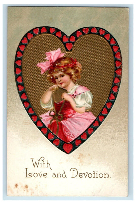 c1910's Valentine Little Girl Dress Pink Ribbon Clapsaddle (?) Embossed Postcard