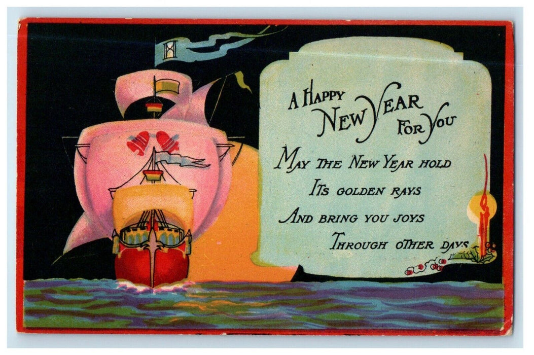 c1910's A Happy New Year Boat Golden Rays Unposted Antique Postcard