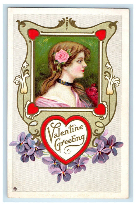 c1910's Valentine Greetings Pretty Girl Pink Flowers Hearts Embossed Postcard