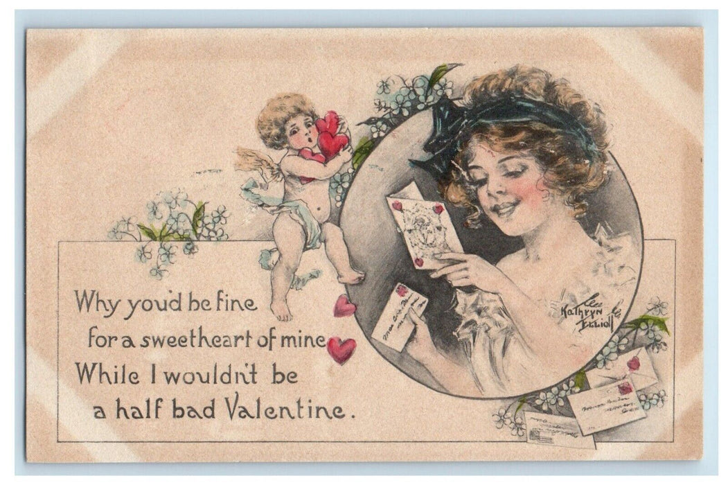 c1910's Valentine Angel Cherub Girl With Letter Kathryn Elliot Antique Postcard