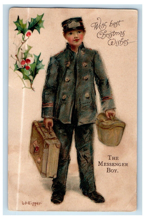 1910 Christmas Wishes The Messenger Boy Holly Berries L.J. Kipper Postcard