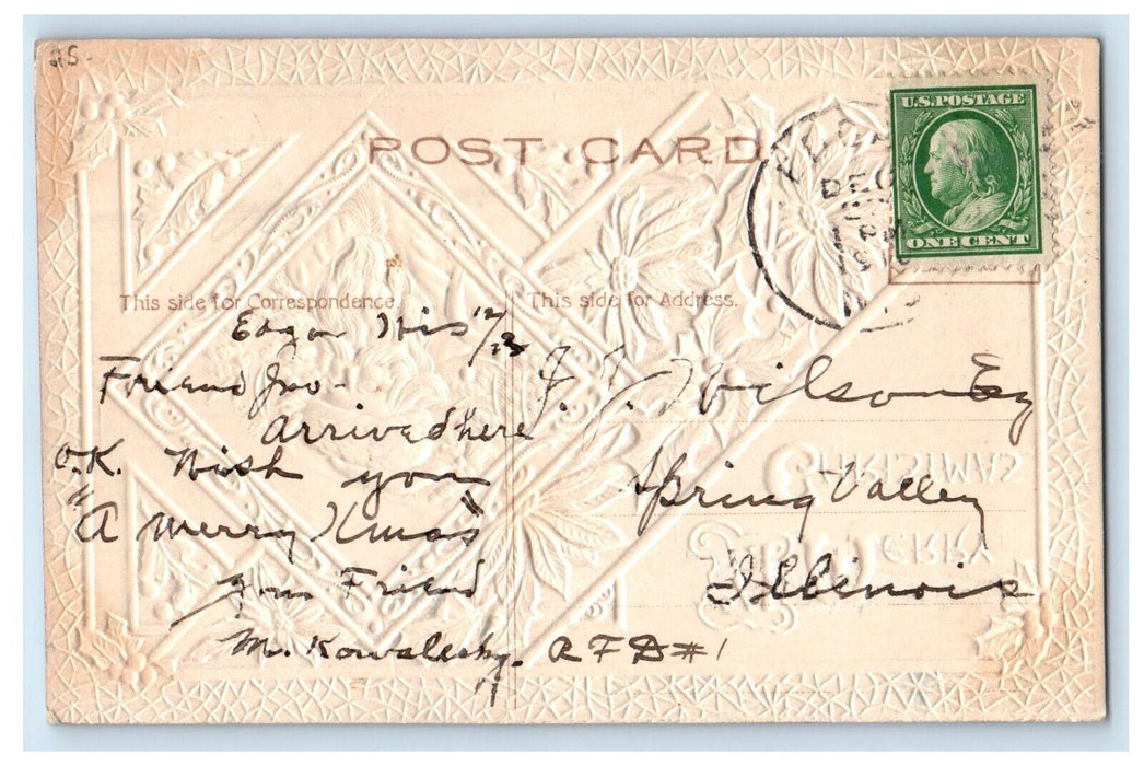 c1910's A Merry Christmas Poinsettia Flowers Embossed Posted Antique Postcard